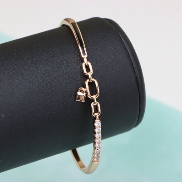 Elegant Rose Gold Bangle with Diamond Accents and Chain Link Charm, XPBL0459 - Picture 7 of 11